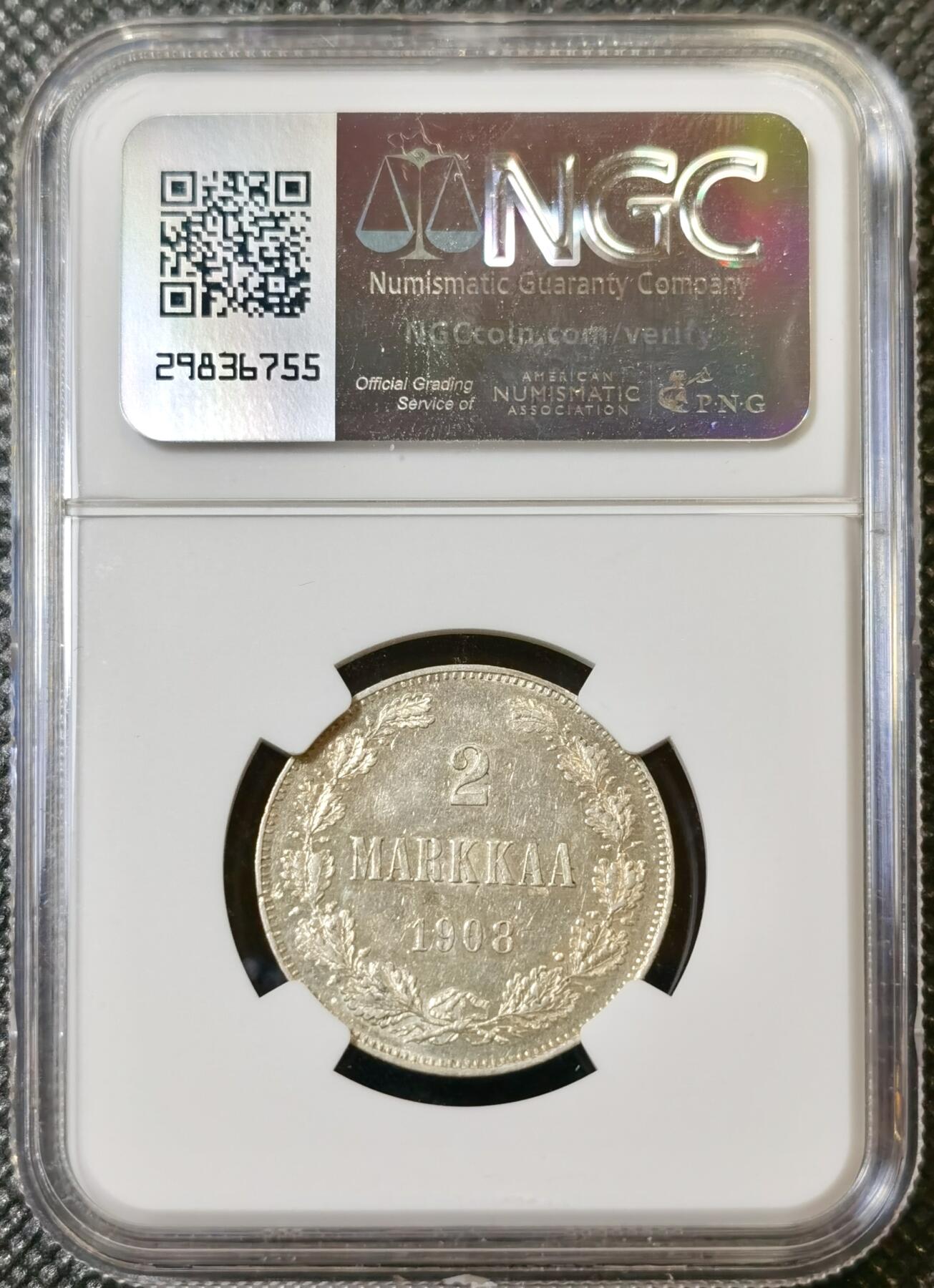 甄臻铺-世界币章拍卖（第40期）送拍享返佣金等优惠多多 NGC-AU55 1908年俄属芬兰2马克银币 少见年份面值 低评状态 转光极佳