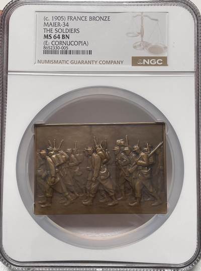 「木头集藏」章牌精品专场！ - Roger-Bloche～法国SAMF协会34号作品铜章“士兵”，MS64 ，法兰西章牌之友协会（SAMF）1905年发行，尺寸：55 x 80 mm，铜章发行量仅120枚，边铭：丰饶角 BRONZE 火蝾螈 限量编号139。  SAMF协会章是法国新艺术章牌最杰出的代表，历来受到章牌收藏者的追捧。