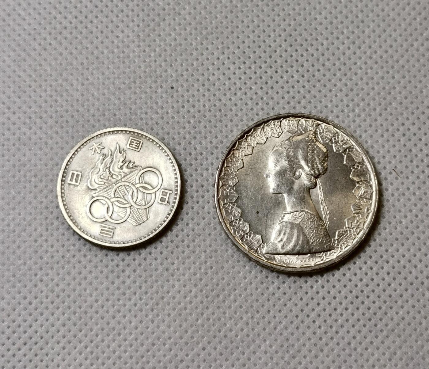 甄臻铺-世界币章拍卖（第40期）送拍享返佣金等优惠多多 1958年意大利帆船少女银币，首年发行，UNC状态，底板好转光明显+1964年日本东奥百円银币，经典小奥银币，总共光银价至少120元