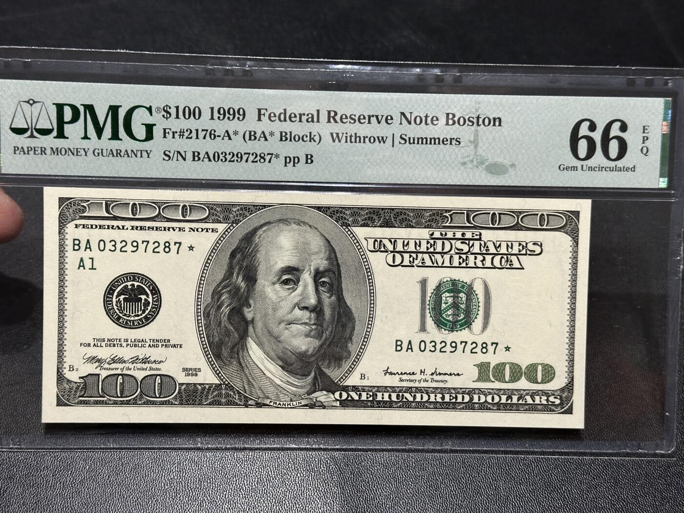 《外钞收藏家》第五百八十八期（优质场）（本平台长期征集拍品、欢迎藏友们联系合作） 1999年美国大头版100美元 PMG66 补号