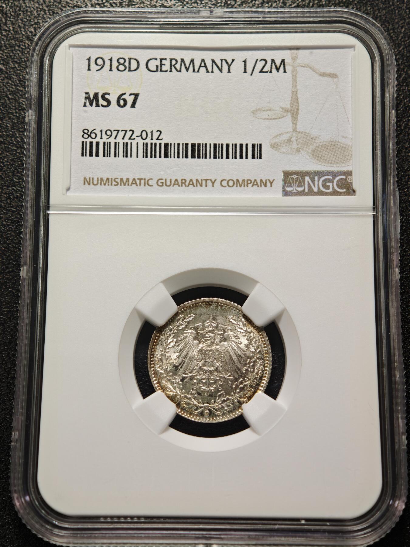【德藏】世界币章拍卖第155期（拍品征集中~欢迎藏友联系） 1918年 德国巴伐利亚1/2马克银币 NGC MS67 淡五彩包浆 顶级品相状态