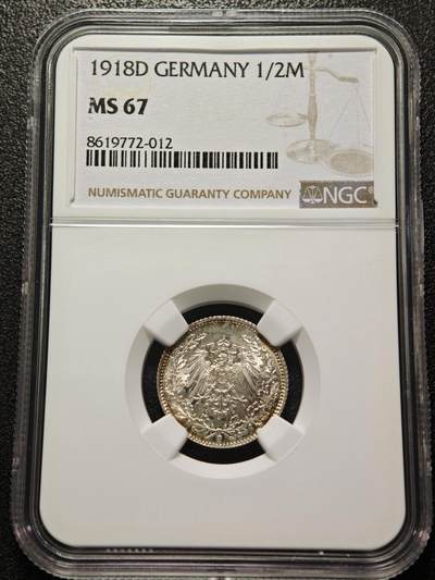 【德藏】世界币章拍卖第155期（拍品征集中~欢迎藏友联系） - 1918年 德国巴伐利亚1/2马克银币 NGC MS67 淡五彩包浆 顶级品相状态