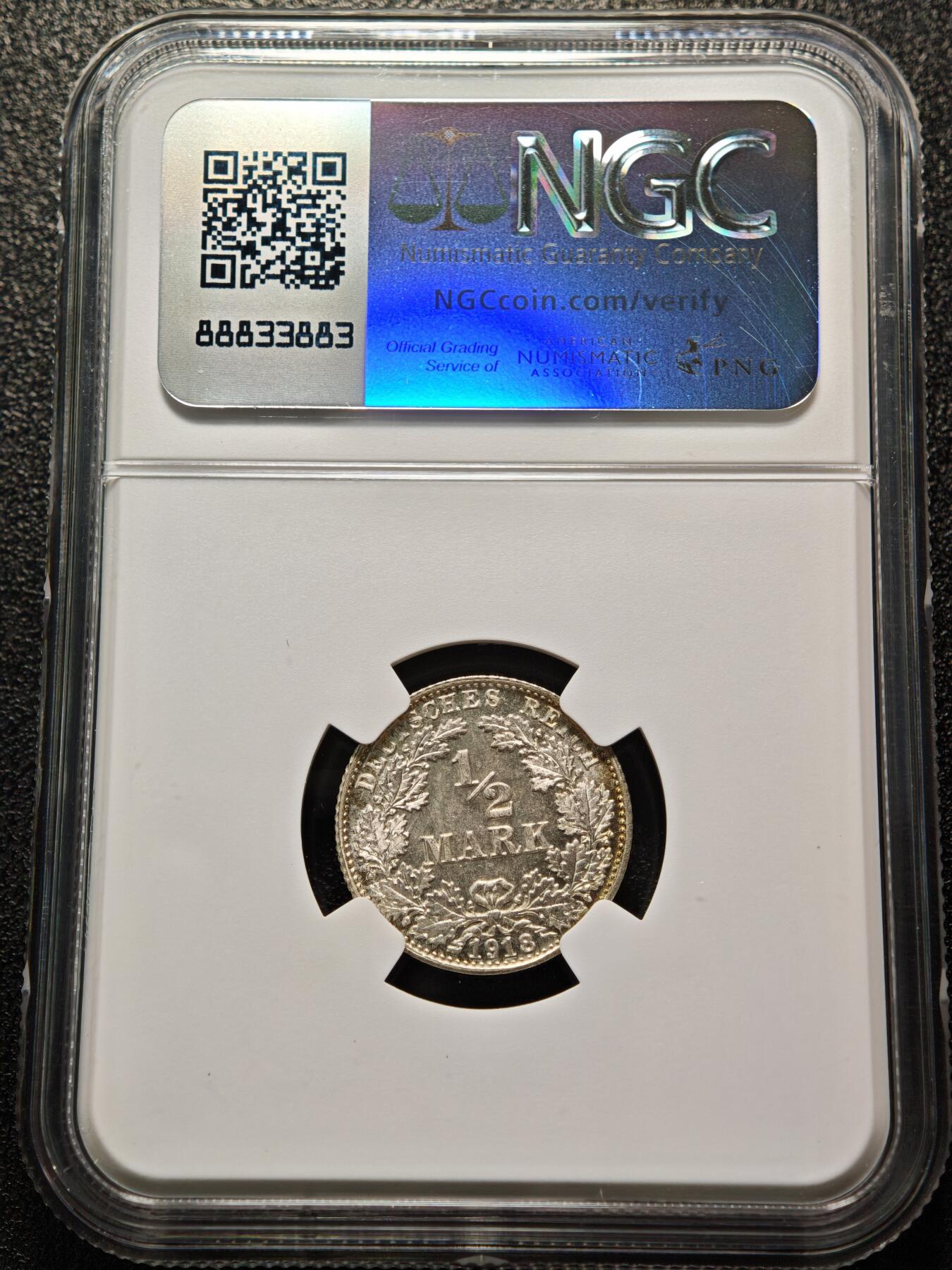 【德藏】世界币章拍卖第155期（拍品征集中~欢迎藏友联系） 1918年 德国巴伐利亚1/2马克银币 NGC MS67 淡五彩包浆 顶级品相状态