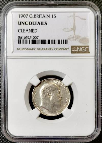甄臻铺-世界币章拍卖（第40期）送拍享返佣金等优惠多多 - NGC-UNCD 英国1907年爱德华七世站狮1先令银币 错杀状态 63分的转光
