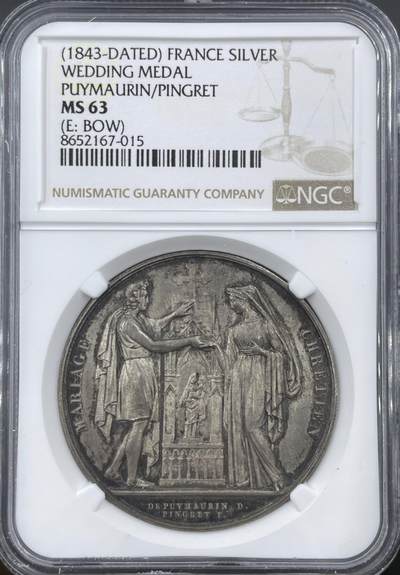 「木头集藏」章牌精品专场！ - 1843年法国婚礼纪念大版银章，MS 63，直径：41 mm，边铭：船首 ARGENT （1842-1845年），刻字已一百八十多年，这个品相难得！