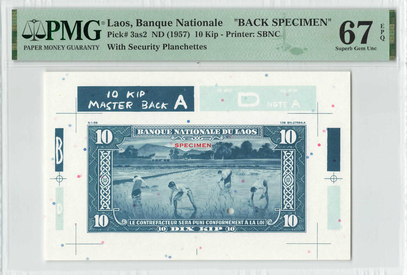 小福收藏拍卖第196期 评级币精选场 本期有68分倒置号布隆迪世界最大纸币 泰国69年10铢纪念钞0A冠百位倒置号  文莱06年500吉令特首年首冠 丹麦经典大松鼠 俄罗斯 玻利维亚 东加勒比 亚美尼亚等多国精美高分珍稀老钞精品纸币 老挝 1957年 10基普 中国代印 少见背面样钞 PMG67 EPQ 季军分