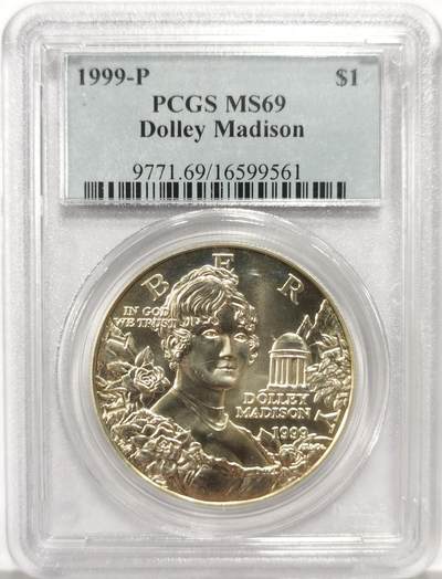 博洋堂世界钱币拍卖第149期（全场包邮） - PCGS MS69 美国1999年麦迪逊总统夫人1美元纪念银币，币面清爽干净又漂亮，打制精美，状态一流。