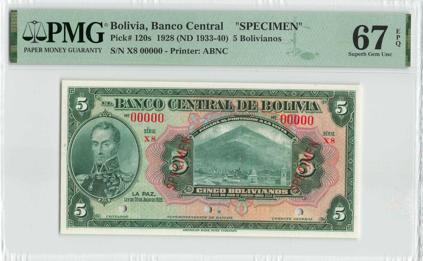 小福收藏拍卖第196期 评级币精选场 本期有68分倒置号布隆迪世界最大纸币 泰国69年10铢纪念钞0A冠百位倒置号  文莱06年500吉令特首年首冠 丹麦经典大松鼠 俄罗斯 玻利维亚 东加勒比 亚美尼亚等多国精美高分珍稀老钞精品纸币 玻利维亚 1933-40年 5玻利维亚诺 X8序列 样钞 PMG67 EPQ 冠军分！！!