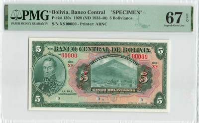 小福收藏拍卖第196期 评级币精选场 本期有68分倒置号布隆迪世界最大纸币 泰国69年10铢纪念钞0A冠百位倒置号  文莱06年500吉令特首年首冠 丹麦经典大松鼠 俄罗斯 玻利维亚 东加勒比 亚美尼亚等多国精美高分珍稀老钞精品纸币 - 玻利维亚 1933-40年 5玻利维亚诺 X8序列 样钞 PMG67 EPQ 冠军分！！!