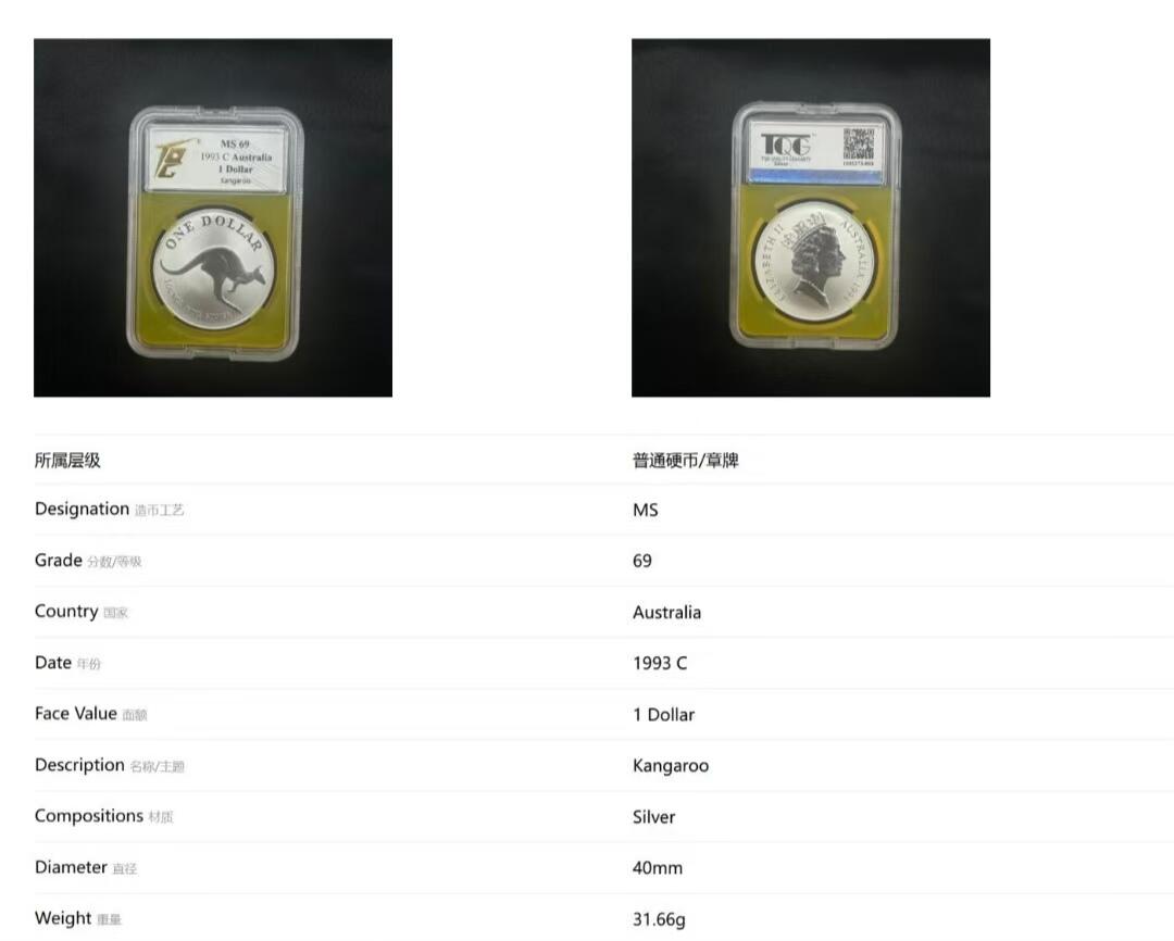 长老汇蛇年精选第七十九场拍卖 1996澳大利亚 1元 袋鼠主题 1盎司纯银纪念币，袋鼠系列稀少品种  TQG MS 70，黄色特殊壳