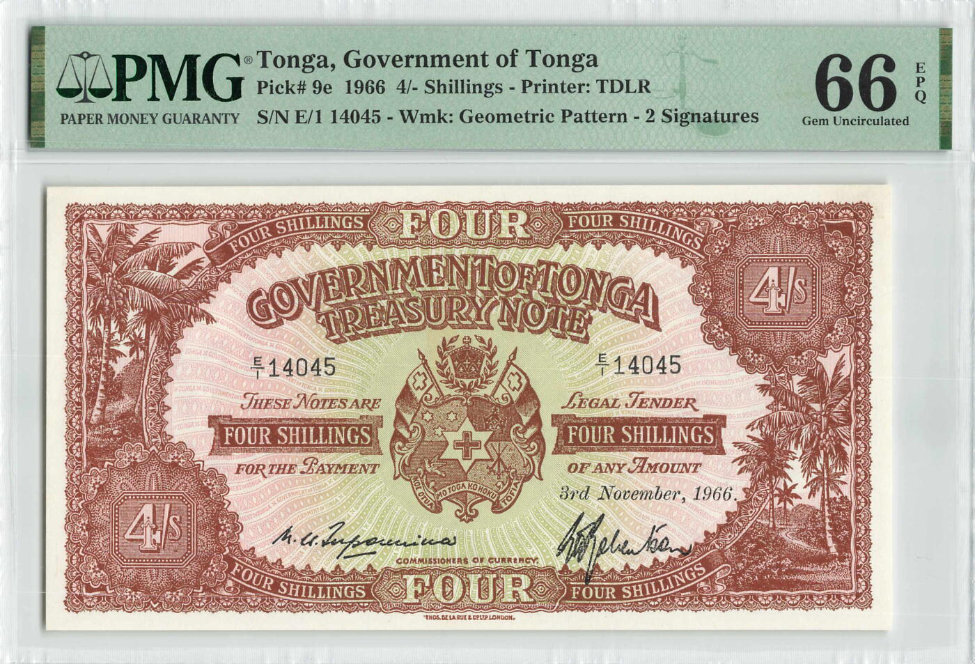 小福收藏拍卖第196期 评级币精选场 本期有68分倒置号布隆迪世界最大纸币 泰国69年10铢纪念钞0A冠百位倒置号  文莱06年500吉令特首年首冠 丹麦经典大松鼠 俄罗斯 玻利维亚 东加勒比 亚美尼亚等多国精美高分珍稀老钞精品纸币 汤加 1966年 4先令 PMG66 EPQ 亚军分