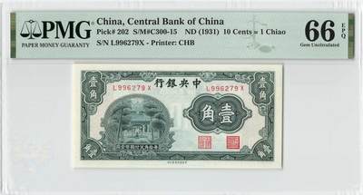 小福收藏拍卖第196期 评级币精选场 本期有68分倒置号布隆迪世界最大纸币 泰国69年10铢纪念钞0A冠百位倒置号  文莱06年500吉令特首年首冠 丹麦经典大松鼠 俄罗斯 玻利维亚 东加勒比 亚美尼亚等多国精美高分珍稀老钞精品纸币 - 中央银行 民国二十年 1931年 1角 壹角 PMG66 EPQ 季军分