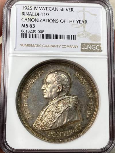 万国钱币拍卖第056期 - NGC MS63 1925年梵蒂冈教皇国庇护十一世年度封圣纪念大银章 六圣腾云驾雾前来祝贺 火烧云彩包浆镜面精铸极美