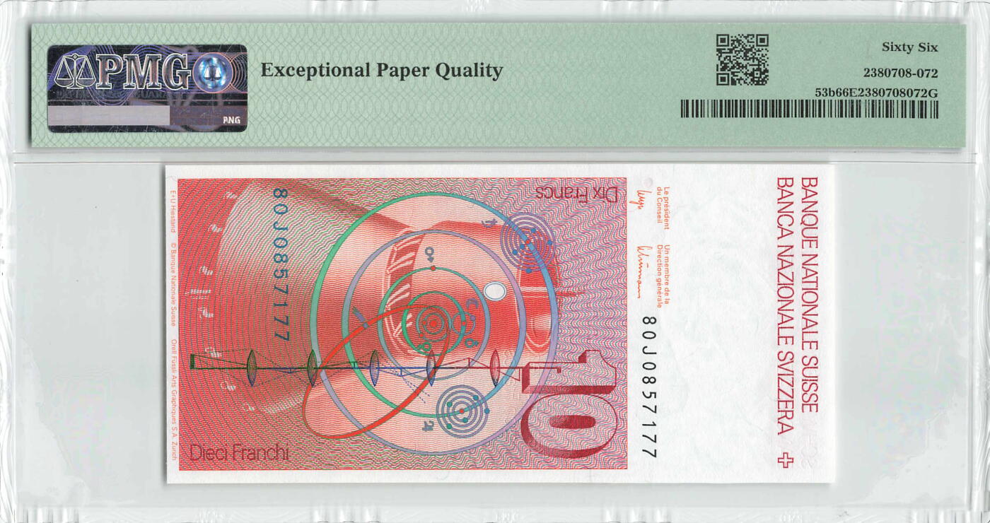 小福收藏拍卖第196期 评级币精选场 本期有68分倒置号布隆迪世界最大纸币 泰国69年10铢纪念钞0A冠百位倒置号  文莱06年500吉令特首年首冠 丹麦经典大松鼠 俄罗斯 玻利维亚 东加勒比 亚美尼亚等多国精美高分珍稀老钞精品纸币 瑞士 1980年 10法郎 早期年份 双尾 PMG66 EPQ 季军分