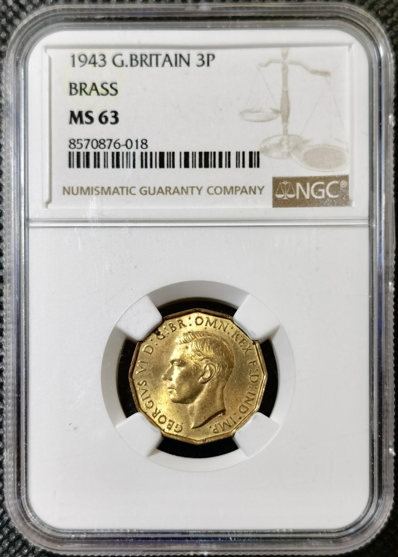 甄臻铺-世界币章拍卖（第40期）送拍享返佣金等优惠多多 NGC-MS63 英国1943乔治六世三便士铜币，有趣的十二边形设计，状态不错