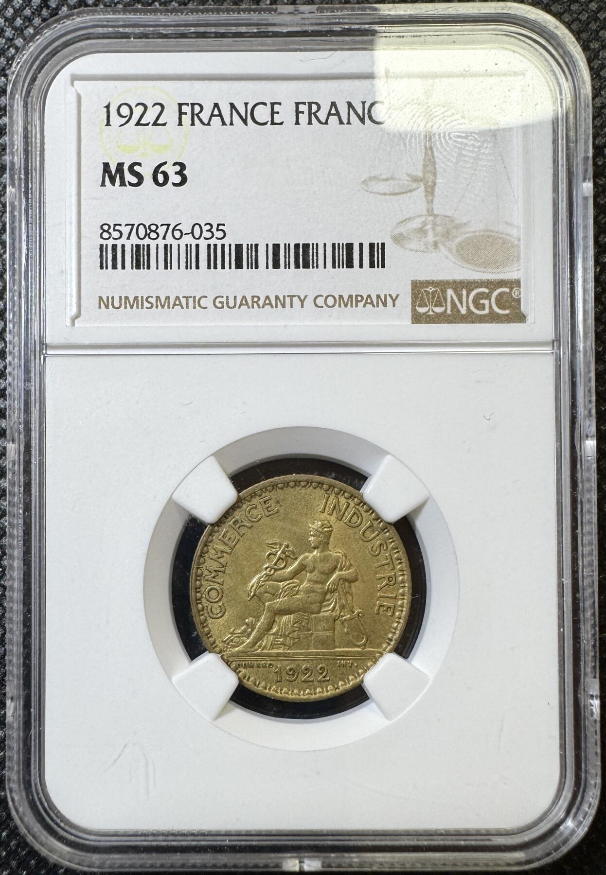 甄臻铺-世界币章拍卖（第40期）送拍享返佣金等优惠多多 NGC-MS63 法国1922商务部墨丘利法郎铜币，经典墨丘利，品相不错