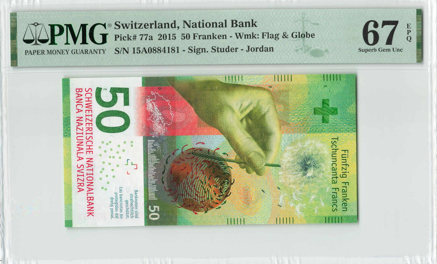 小福收藏拍卖第196期 评级币精选场 本期有68分倒置号布隆迪世界最大纸币 泰国69年10铢纪念钞0A冠百位倒置号  文莱06年500吉令特首年首冠 丹麦经典大松鼠 俄罗斯 玻利维亚 东加勒比 亚美尼亚等多国精美高分珍稀老钞精品纸币 瑞士 2015年 50法郎 手版首年份 Jordan首签  PMG67 EPQ 季军分