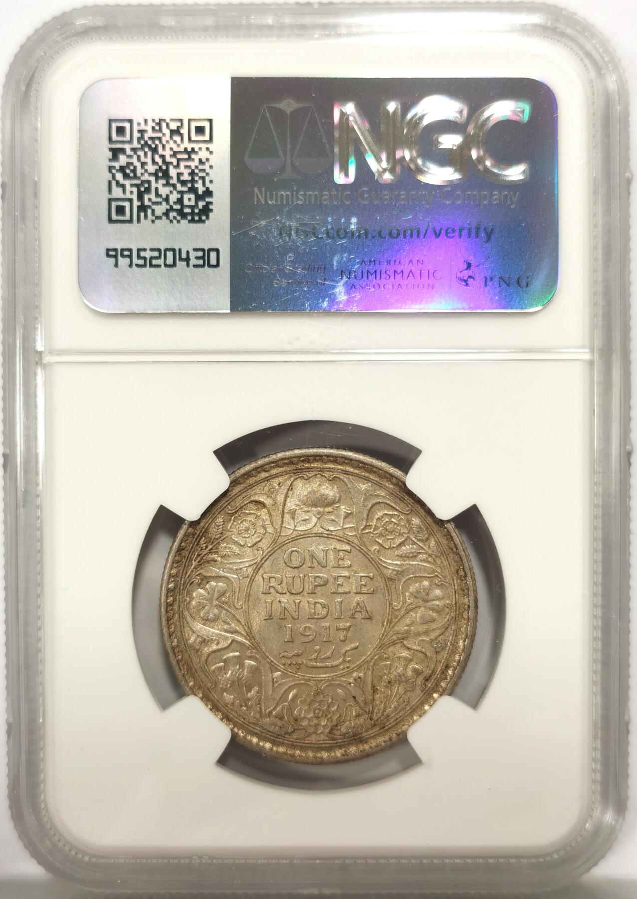 博洋堂世界钱币拍卖第149期（全场包邮） NGC MS61 英属印度1917年C版乔治五世1卢比银币