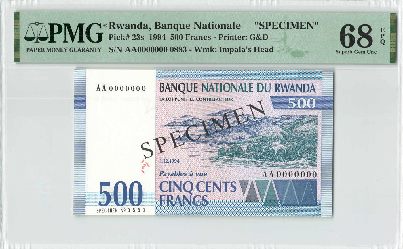 小福收藏拍卖第196期 评级币精选场 本期有68分倒置号布隆迪世界最大纸币 泰国69年10铢纪念钞0A冠百位倒置号  文莱06年500吉令特首年首冠 丹麦经典大松鼠 俄罗斯 玻利维亚 东加勒比 亚美尼亚等多国精美高分珍稀老钞精品纸币 卢旺达 1994年 500法郎 样钞 卢旺达大屠杀年份 AA冠  无47 PMG68 EPQ 冠军分！！1