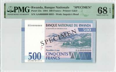 小福收藏拍卖第196期 评级币精选场 本期有68分倒置号布隆迪世界最大纸币 泰国69年10铢纪念钞0A冠百位倒置号  文莱06年500吉令特首年首冠 丹麦经典大松鼠 俄罗斯 玻利维亚 东加勒比 亚美尼亚等多国精美高分珍稀老钞精品纸币 - 卢旺达 1994年 500法郎 样钞 卢旺达大屠杀年份 AA冠  无47 PMG68 EPQ 冠军分！！1