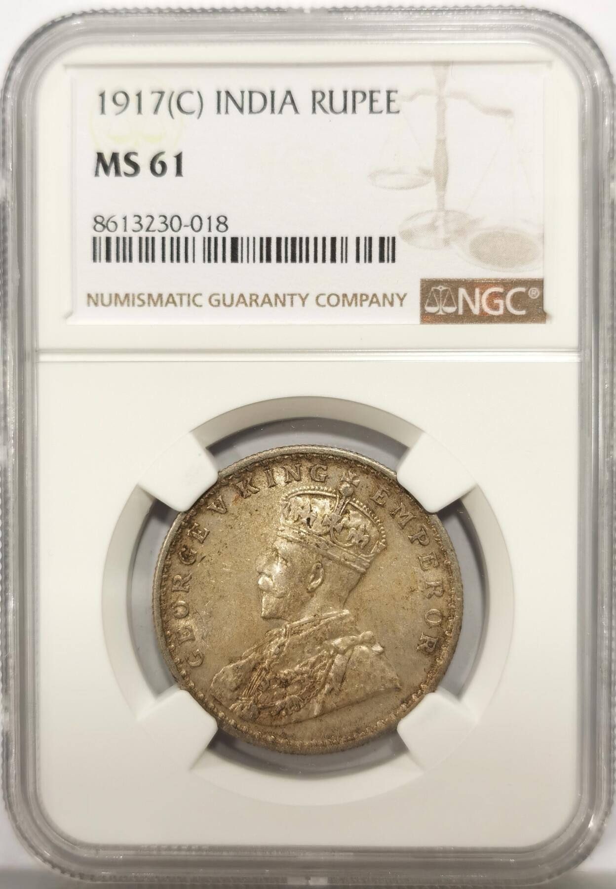 博洋堂世界钱币拍卖第149期（全场包邮） NGC MS61 英属印度1917年C版乔治五世1卢比银币
