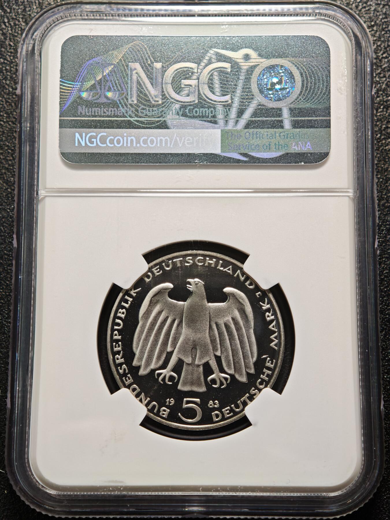 【德藏】世界币章拍卖第155期（拍品征集中~欢迎藏友联系） 冠军分！1983年 德国卡尔·马克思逝世百年5马克精制纪念镍币 NGC PF69UC 镜面十足 状态极佳