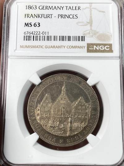 万国钱币拍卖第056期 - NGC MS63 1863年德国法兰克福王子议会泰勒 经典法兰城景观品种 全深打厚重德式五彩 极其难得的收藏级状态