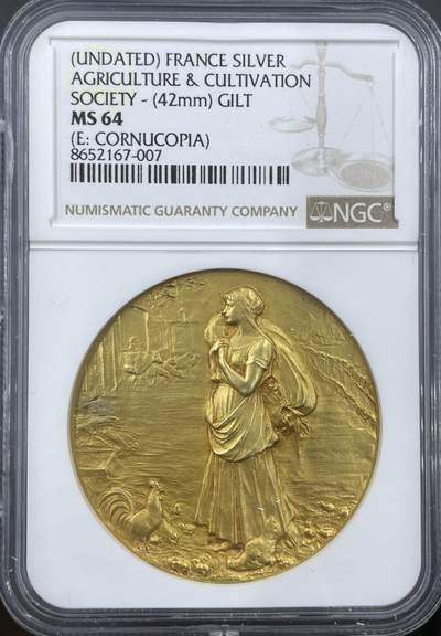 「木头集藏」章牌精品专场！ - O.Roty～法国农业与耕作协会镀金银章，MS 64，直径：42 mm，大师作品，品相完美，同款收藏佳品！