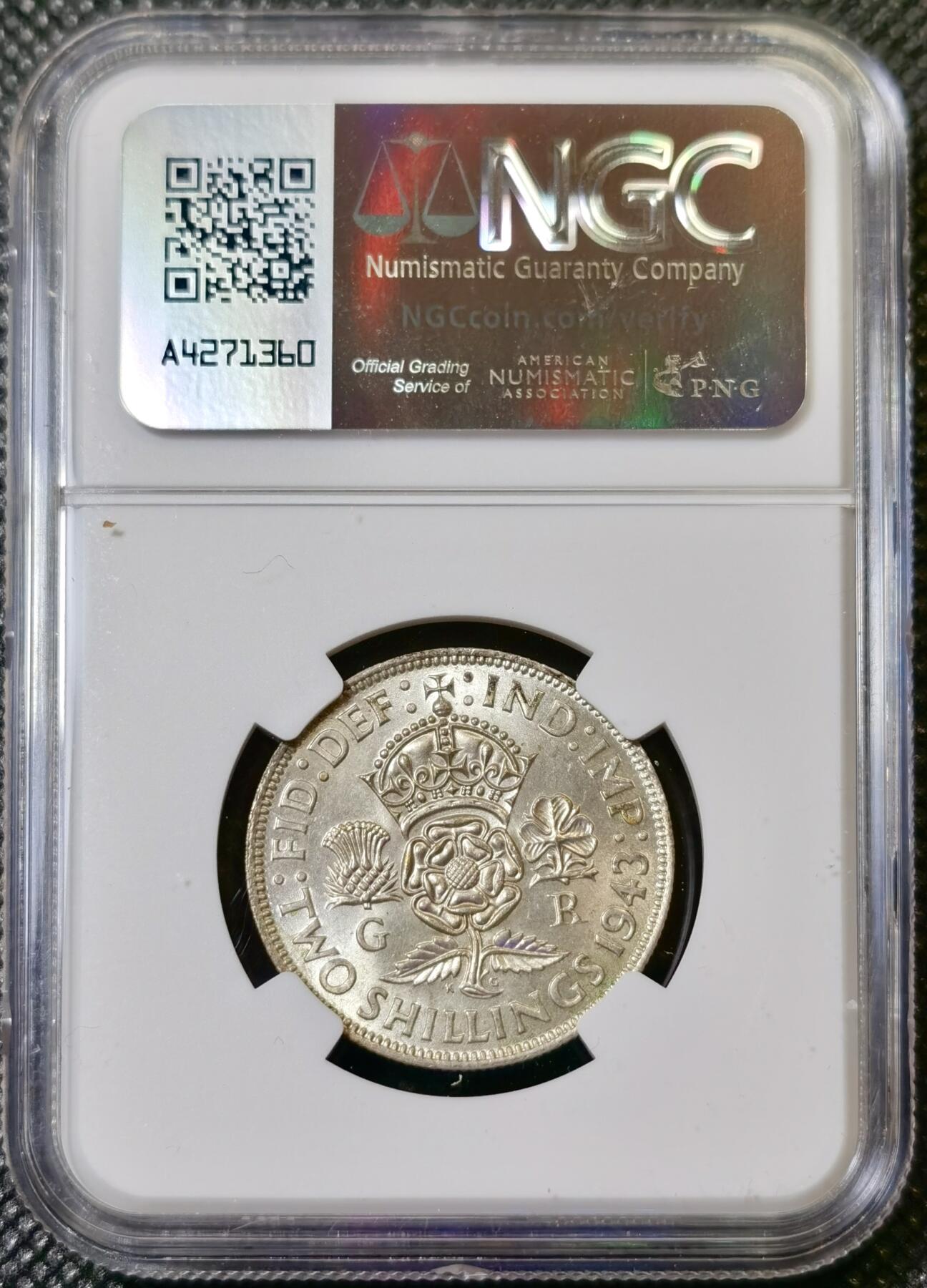 甄臻铺-世界币章拍卖（第40期）送拍享返佣金等优惠多多 NGC-MS62 英国1943年乔治六世弗洛林银币，原色银光，63-64状态，遇上低评了