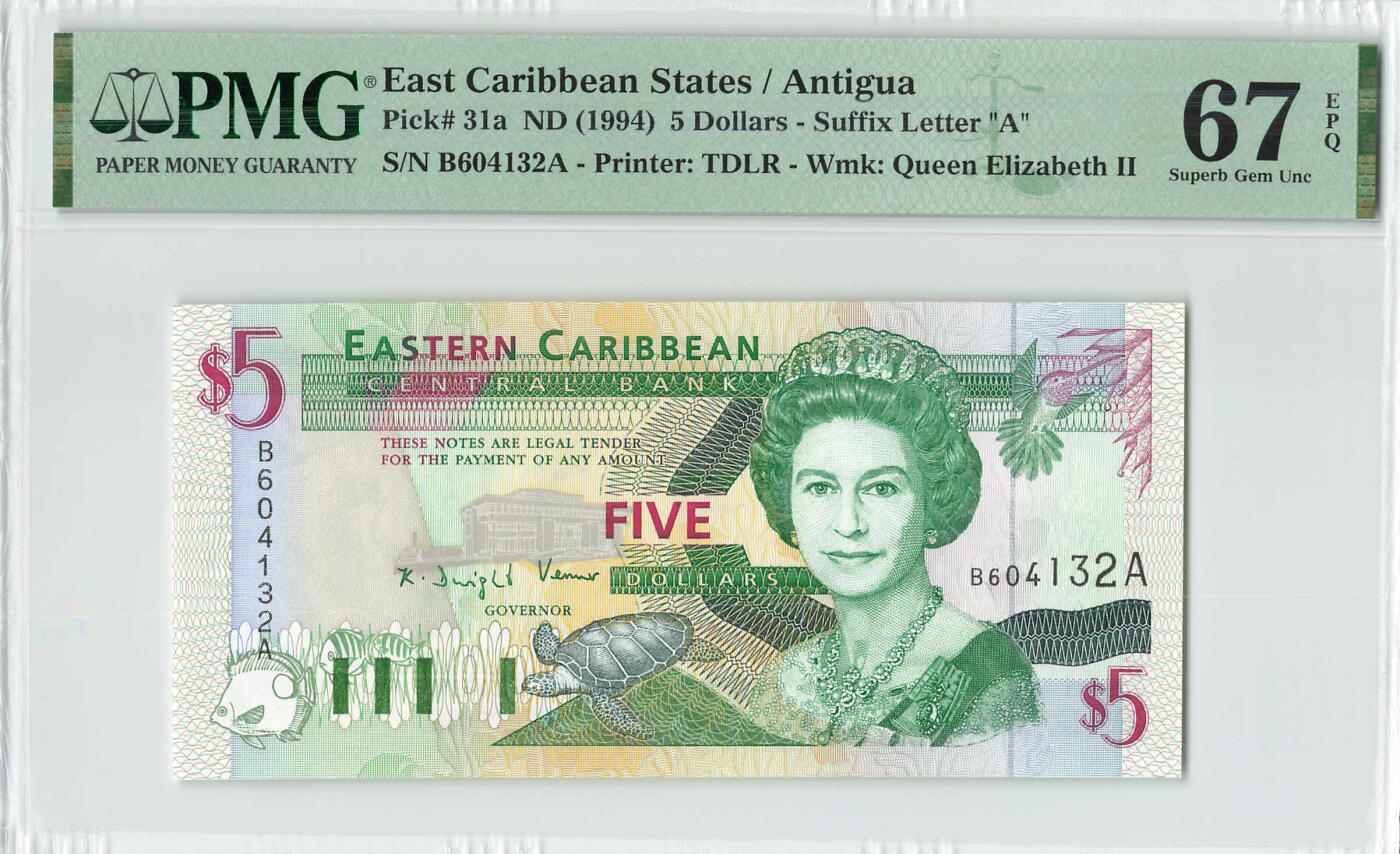 小福收藏拍卖第196期 评级币精选场 本期有68分倒置号布隆迪世界最大纸币 泰国69年10铢纪念钞0A冠百位倒置号  文莱06年500吉令特首年首冠 丹麦经典大松鼠 俄罗斯 玻利维亚 东加勒比 亚美尼亚等多国精美高分珍稀老钞精品纸币 东加勒比 （A） 安提瓜 1994年 5元 PMG67 EPQ 亚军分(冠军分仅2枚）