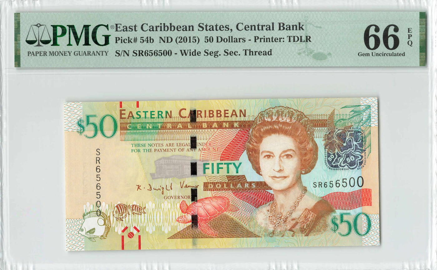 小福收藏拍卖第196期 评级币精选场 本期有68分倒置号布隆迪世界最大纸币 泰国69年10铢纪念钞0A冠百位倒置号  文莱06年500吉令特首年首冠 丹麦经典大松鼠 俄罗斯 玻利维亚 东加勒比 亚美尼亚等多国精美高分珍稀老钞精品纸币 东加勒比 2015年 50元 有盲文宽安全线版 靓号656500 PMG66 EPQ