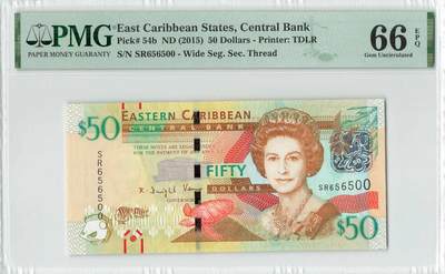 小福收藏拍卖第196期 评级币精选场 本期有68分倒置号布隆迪世界最大纸币 泰国69年10铢纪念钞0A冠百位倒置号  文莱06年500吉令特首年首冠 丹麦经典大松鼠 俄罗斯 玻利维亚 东加勒比 亚美尼亚等多国精美高分珍稀老钞精品纸币 - 东加勒比 2015年 50元 有盲文宽安全线版 靓号656500 PMG66 EPQ