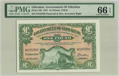 小福收藏拍卖第196期 评级币精选场 本期有68分倒置号布隆迪世界最大纸币 泰国69年10铢纪念钞0A冠百位倒置号  文莱06年500吉令特首年首冠 丹麦经典大松鼠 俄罗斯 玻利维亚 东加勒比 亚美尼亚等多国精美高分珍稀老钞精品纸币 - 直布罗陀 1971年 1镑 数3 无47 海格力斯之柱 PMG66 EPQ 季军分