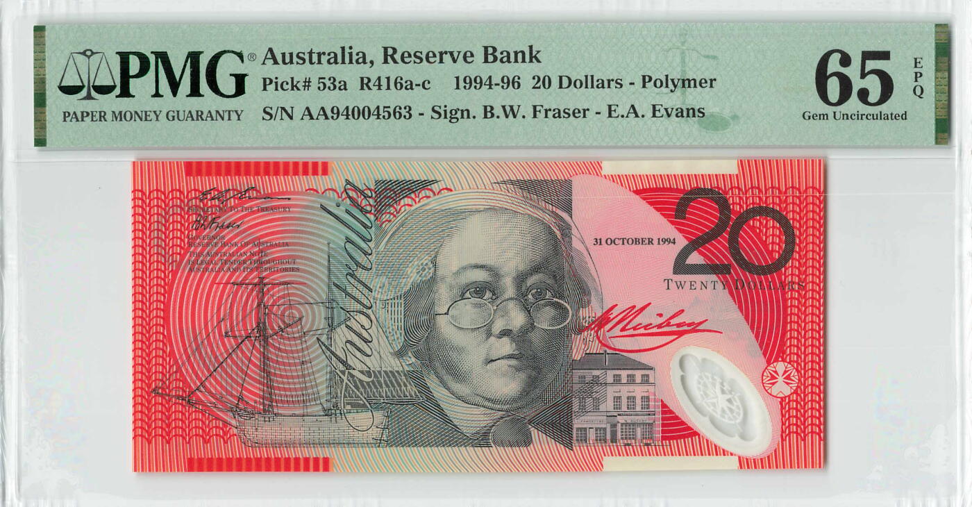 小福收藏拍卖第196期 评级币精选场 本期有68分倒置号布隆迪世界最大纸币 泰国69年10铢纪念钞0A冠百位倒置号  文莱06年500吉令特首年首冠 丹麦经典大松鼠 俄罗斯 玻利维亚 东加勒比 亚美尼亚等多国精美高分珍稀老钞精品纸币 澳大利亚 1994年 20元 塑料钞 罕见纪念钞版 正面加盖日期 首版首发年首发AA冠 PMG65 EPQ