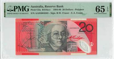 小福收藏拍卖第196期 评级币精选场 本期有68分倒置号布隆迪世界最大纸币 泰国69年10铢纪念钞0A冠百位倒置号  文莱06年500吉令特首年首冠 丹麦经典大松鼠 俄罗斯 玻利维亚 东加勒比 亚美尼亚等多国精美高分珍稀老钞精品纸币 - 澳大利亚 1994年 20元 塑料钞 罕见纪念钞版 正面加盖日期 首版首发年首发AA冠 PMG65 EPQ