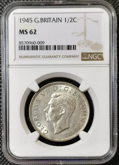 甄臻铺-世界币章拍卖（第40期）送拍享返佣金等优惠多多 - NGC-MS62 英国1945乔治六世半克朗银币，流通最大面值，状态好，经典品种