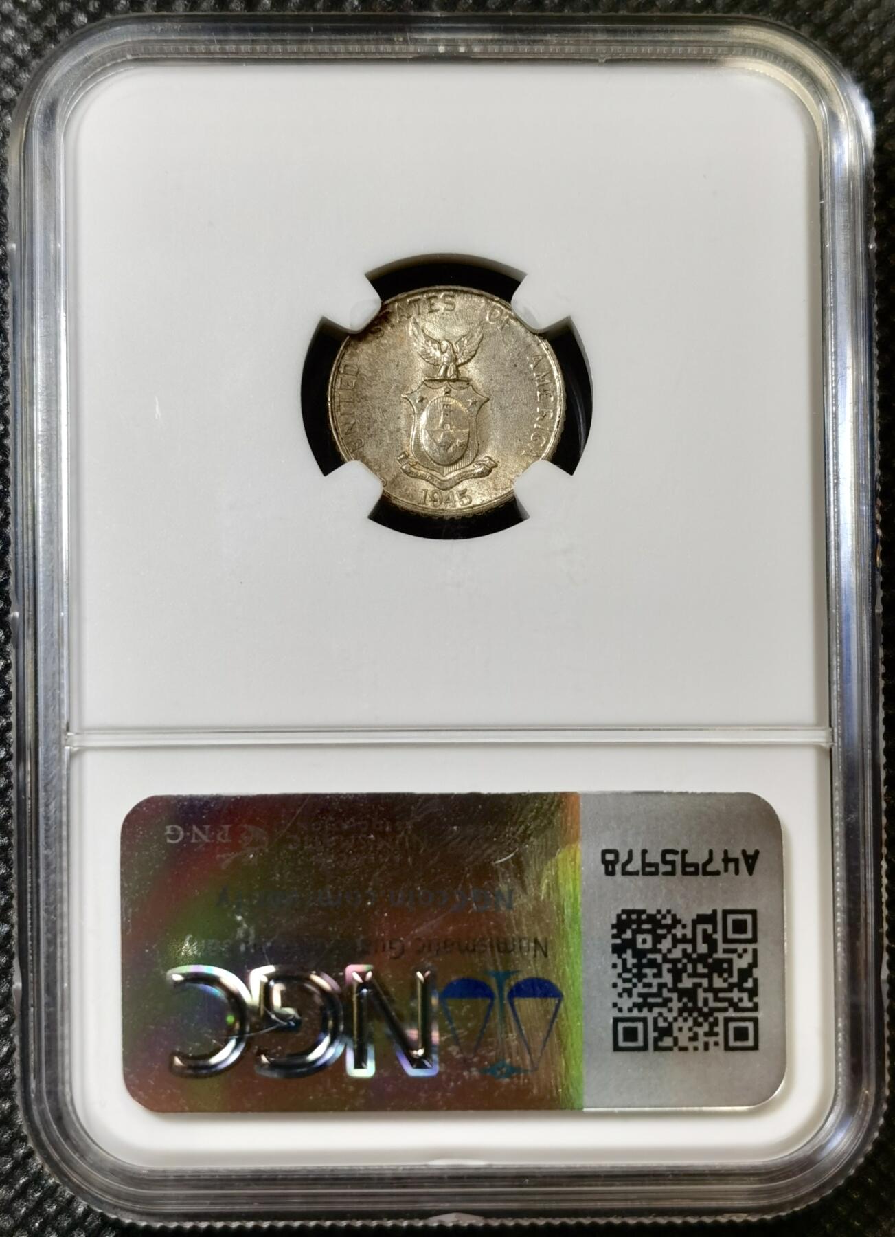 甄臻铺-世界币章拍卖（第40期）送拍享返佣金等优惠多多 NGC-MS64 美属菲律宾1945年10分银币，包浆好状态，漂亮的美品