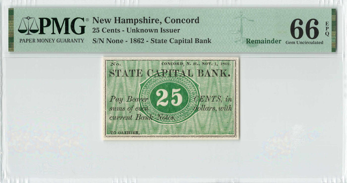 小福收藏拍卖第196期 评级币精选场 本期有68分倒置号布隆迪世界最大纸币 泰国69年10铢纪念钞0A冠百位倒置号  文莱06年500吉令特首年首冠 丹麦经典大松鼠 俄罗斯 玻利维亚 东加勒比 亚美尼亚等多国精美高分珍稀老钞精品纸币 美国 新罕布什尔 康科德 1862年 25分 PMG66 EPQ