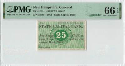 小福收藏拍卖第196期 评级币精选场 本期有68分倒置号布隆迪世界最大纸币 泰国69年10铢纪念钞0A冠百位倒置号  文莱06年500吉令特首年首冠 丹麦经典大松鼠 俄罗斯 玻利维亚 东加勒比 亚美尼亚等多国精美高分珍稀老钞精品纸币 - 美国 新罕布什尔 康科德 1862年 25分 PMG66 EPQ