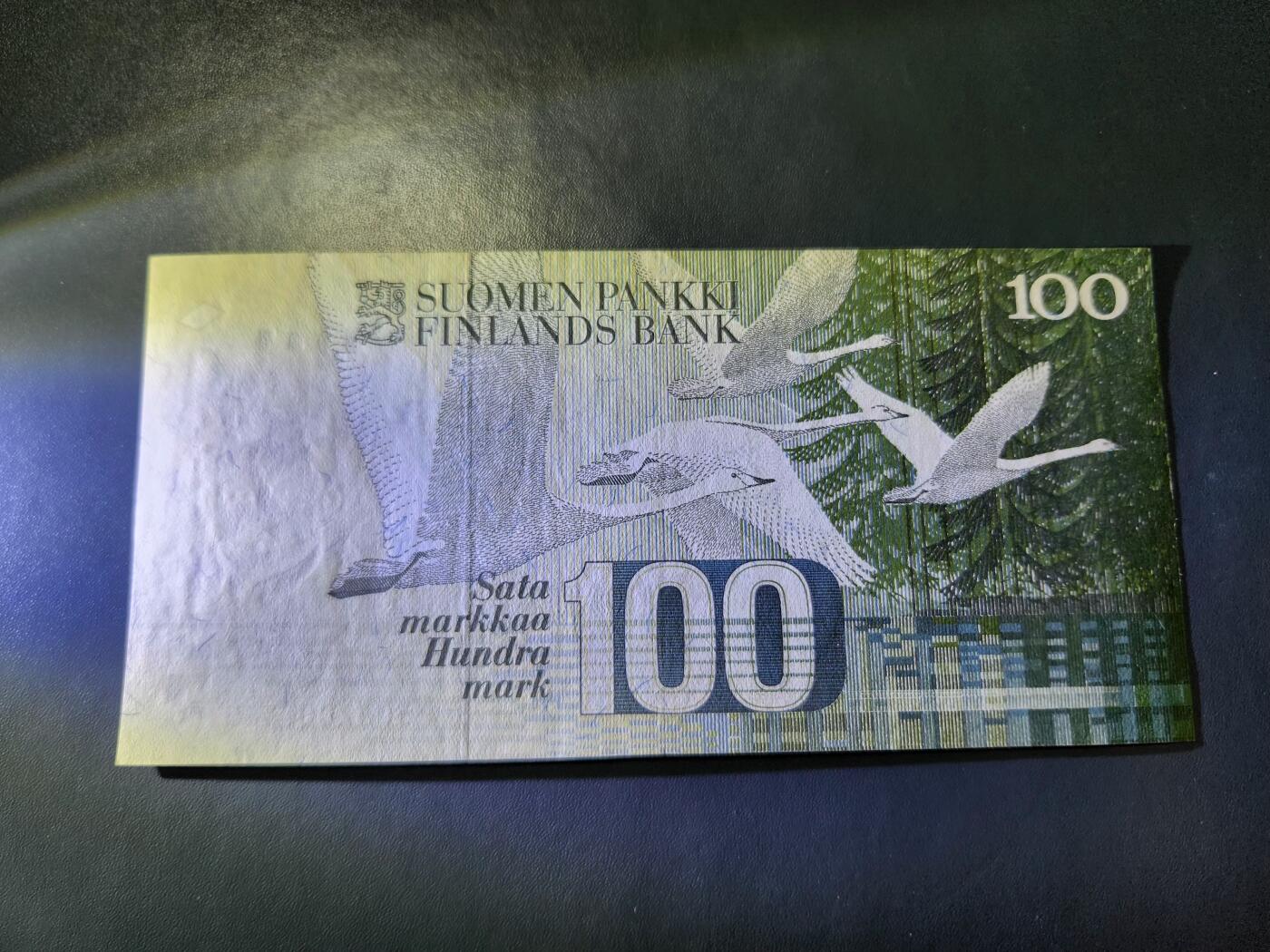 11月28号晚上8点 外国纸币自动截拍第64场 芬兰100马克纸币 1986年原版 西贝柳斯 极美品