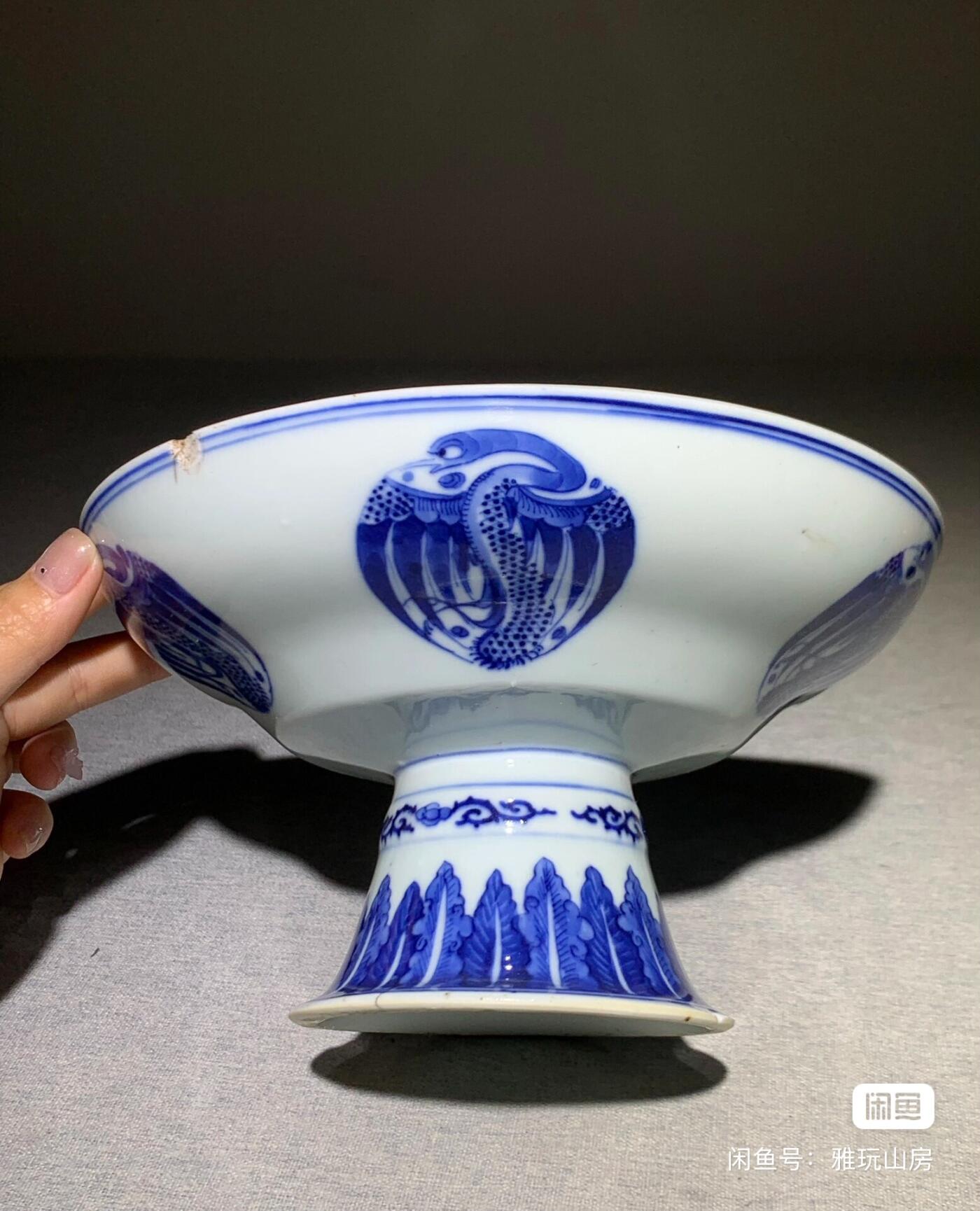 晚清青花团鹤纹高足盘 包老保真 