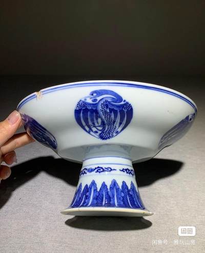 晚清青花团鹤纹高足盘 包老保真  - 晚清青花团鹤纹高足盘 包老保真 