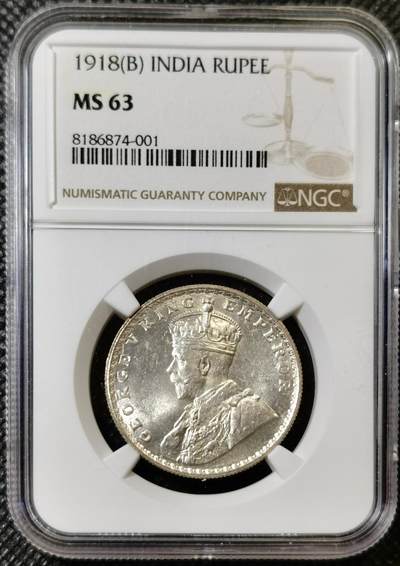 甄臻铺-世界币章拍卖（第40期）送拍享返佣金等优惠多多 - NGC-MS63 1918年英属印度乔治五世卢比，卷拆状态