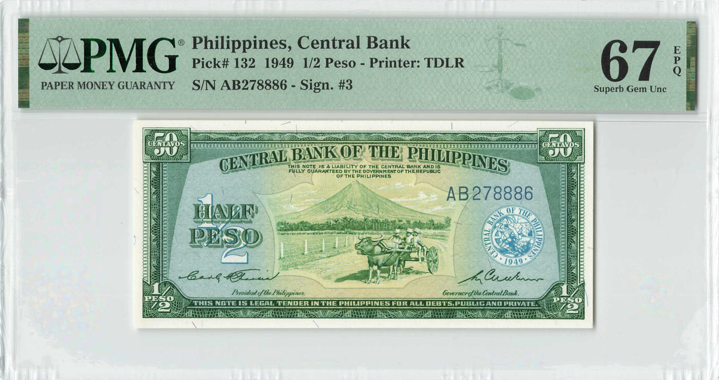 小福收藏拍卖第196期 评级币精选场 本期有68分倒置号布隆迪世界最大纸币 泰国69年10铢纪念钞0A冠百位倒置号  文莱06年500吉令特首年首冠 丹麦经典大松鼠 俄罗斯 玻利维亚 东加勒比 亚美尼亚等多国精美高分珍稀老钞精品纸币 菲律宾 1949年 1/2比索 PMG67 EPQ 亚军分（冠军分仅1枚）