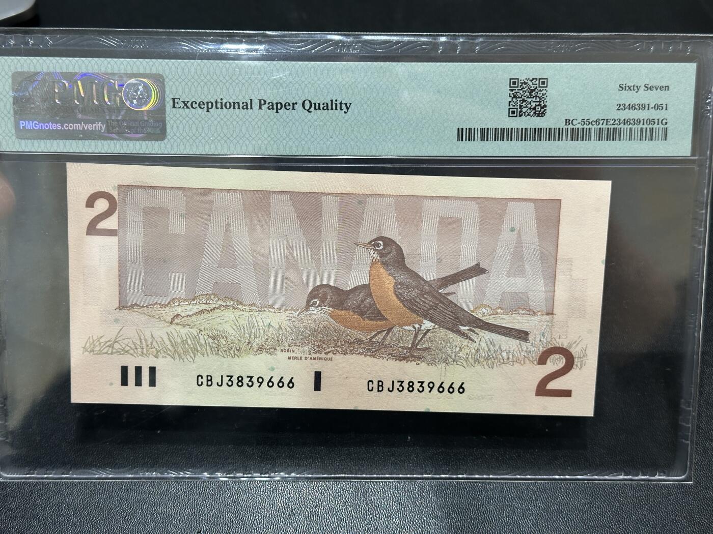 《外钞收藏家》第五百八十八期（优质场）（本平台长期征集拍品、欢迎藏友们联系合作）  1986年加拿大鸟版2加元 全程无47 豹子号666 PMG67