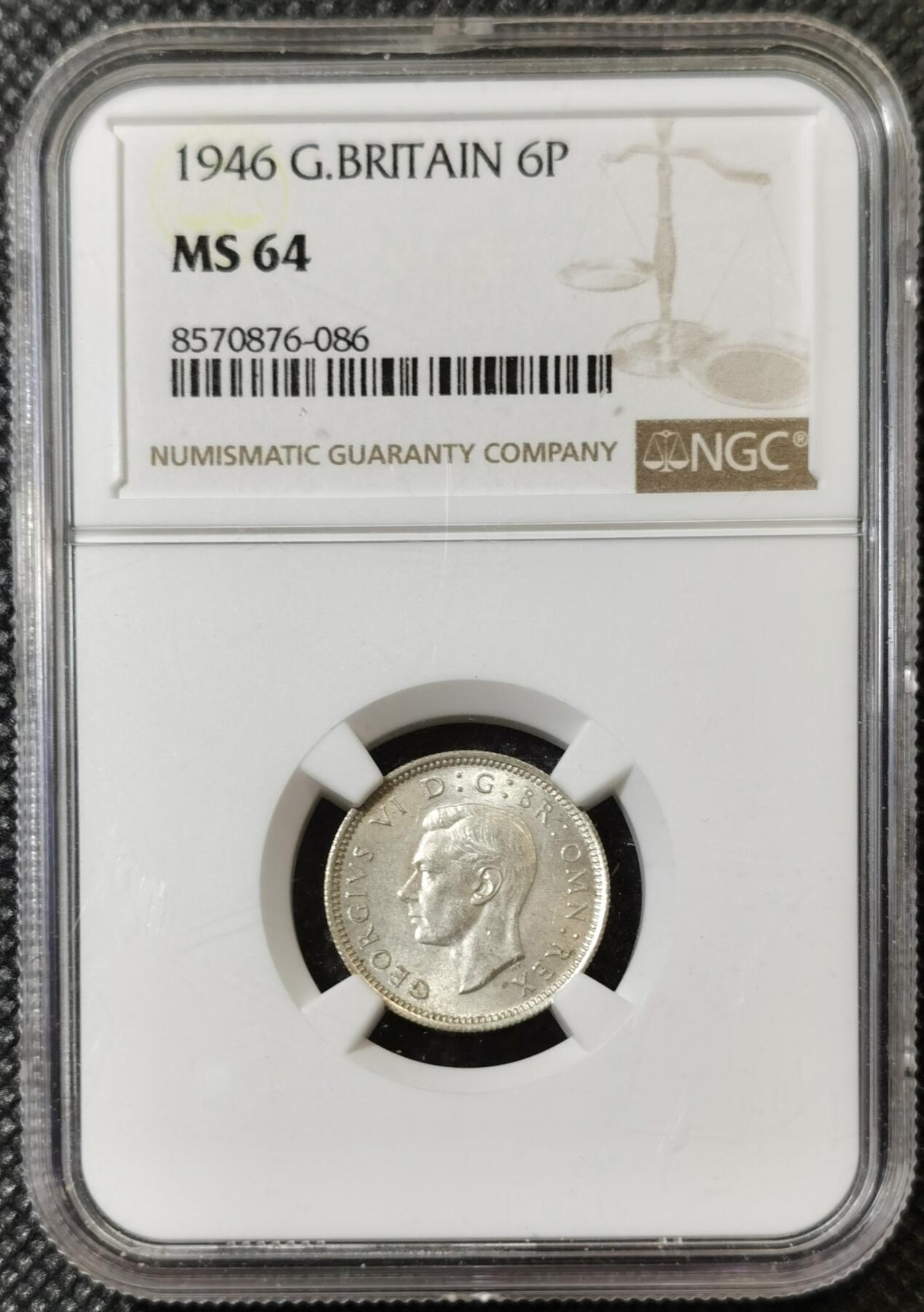 甄臻铺-世界币章拍卖（第40期）送拍享返佣金等优惠多多 NGC-MS64 英国1946年乔治六世六便士银币，BU卷拆，爱情幸运币寓意好，可藏状态