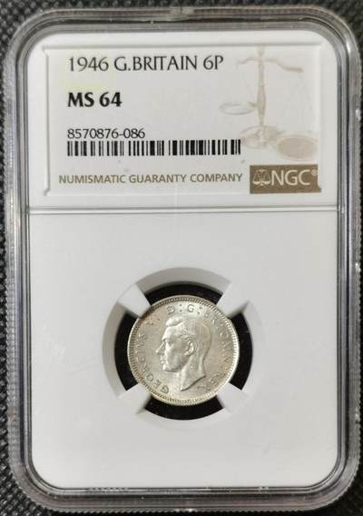 甄臻铺-世界币章拍卖（第40期）送拍享返佣金等优惠多多 - NGC-MS64 英国1946年乔治六世六便士银币，BU卷拆，爱情幸运币寓意好，可藏状态