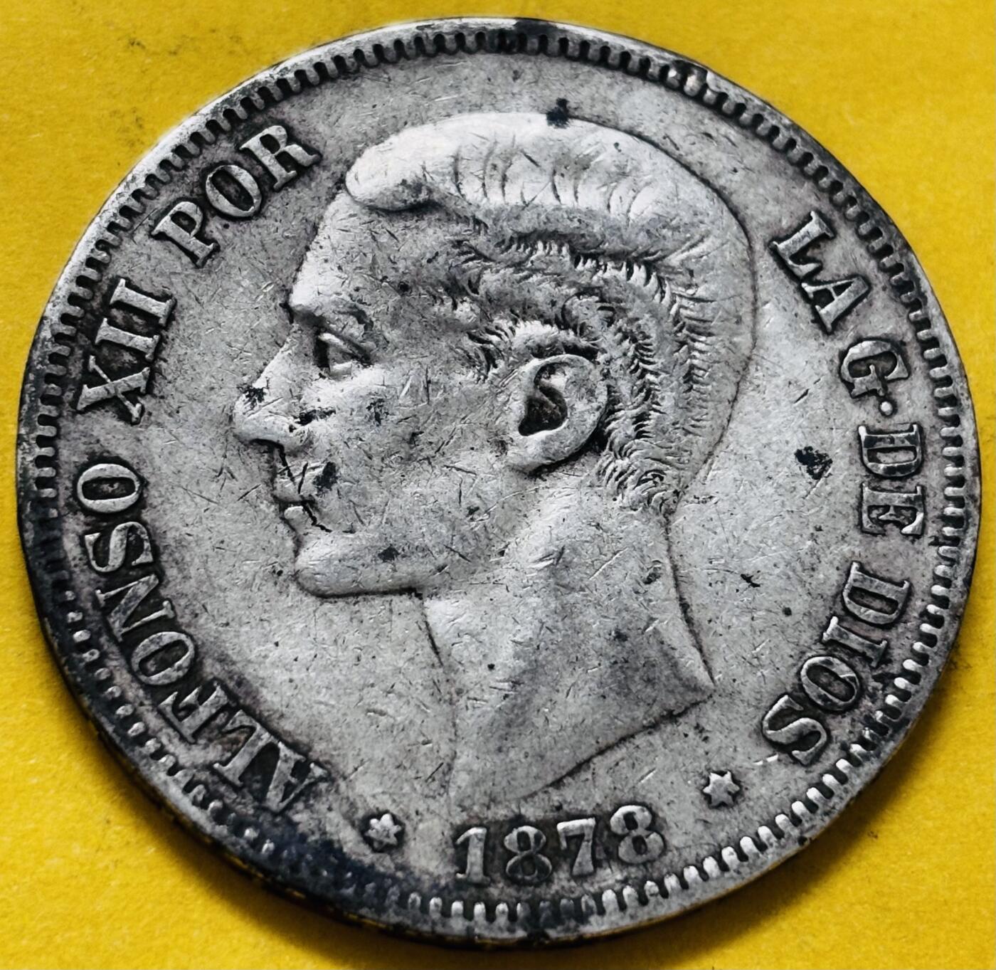 文馨钱币收藏第 283 场，【大雪鉴珍，寒英缀金】金银纪念币精品场，诚邀您的参与【长期接代拍品】 1878 年西班牙阿方索十二世 5 比塞塔大银币，第二版 900 高银