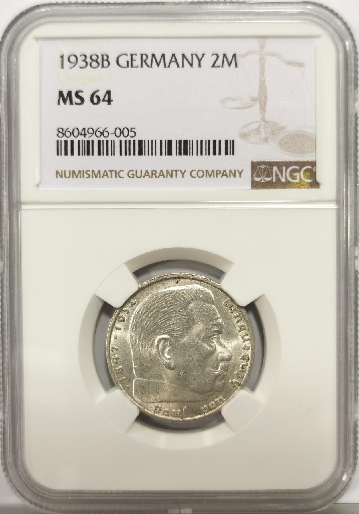 博洋堂世界钱币拍卖第149期（全场包邮） NGC MS64 德国1938年2马克银币。热门品种，流通充分，64分属于超高分了。