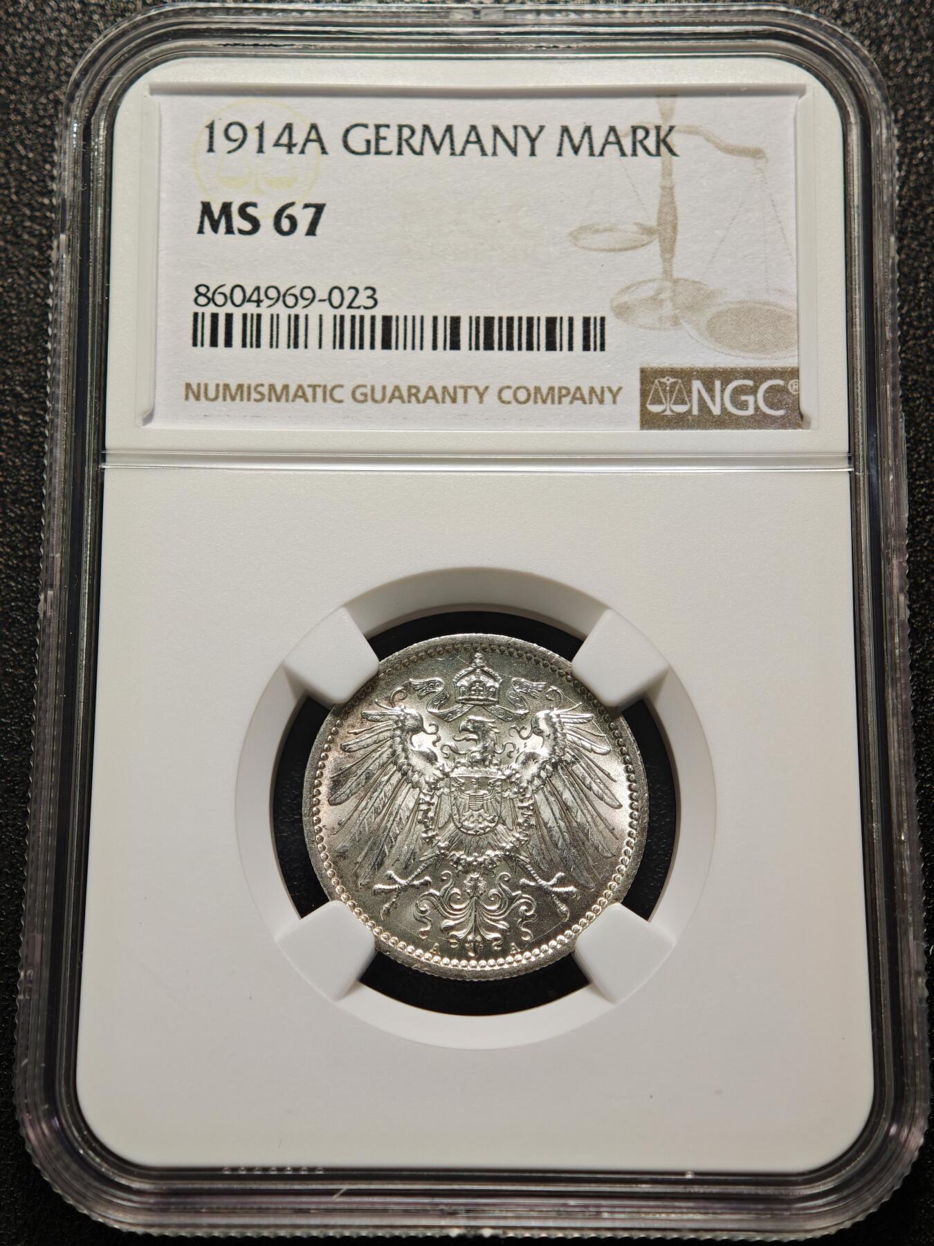 【德藏】世界币章拍卖第155期（拍品征集中~欢迎藏友联系） 1914年 德国1马克银币 NGC MS67 原光犀利 转光极强 淡彩包浆